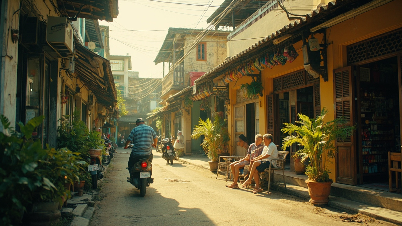 Generated editorial image for Takua Pa Community Life: an authentic Takua Pa daily-life scene connecting local shops, neighbours and comfortable residential living. This is contextual imagery, not a photograph of a specific listing or ThaiLife property.