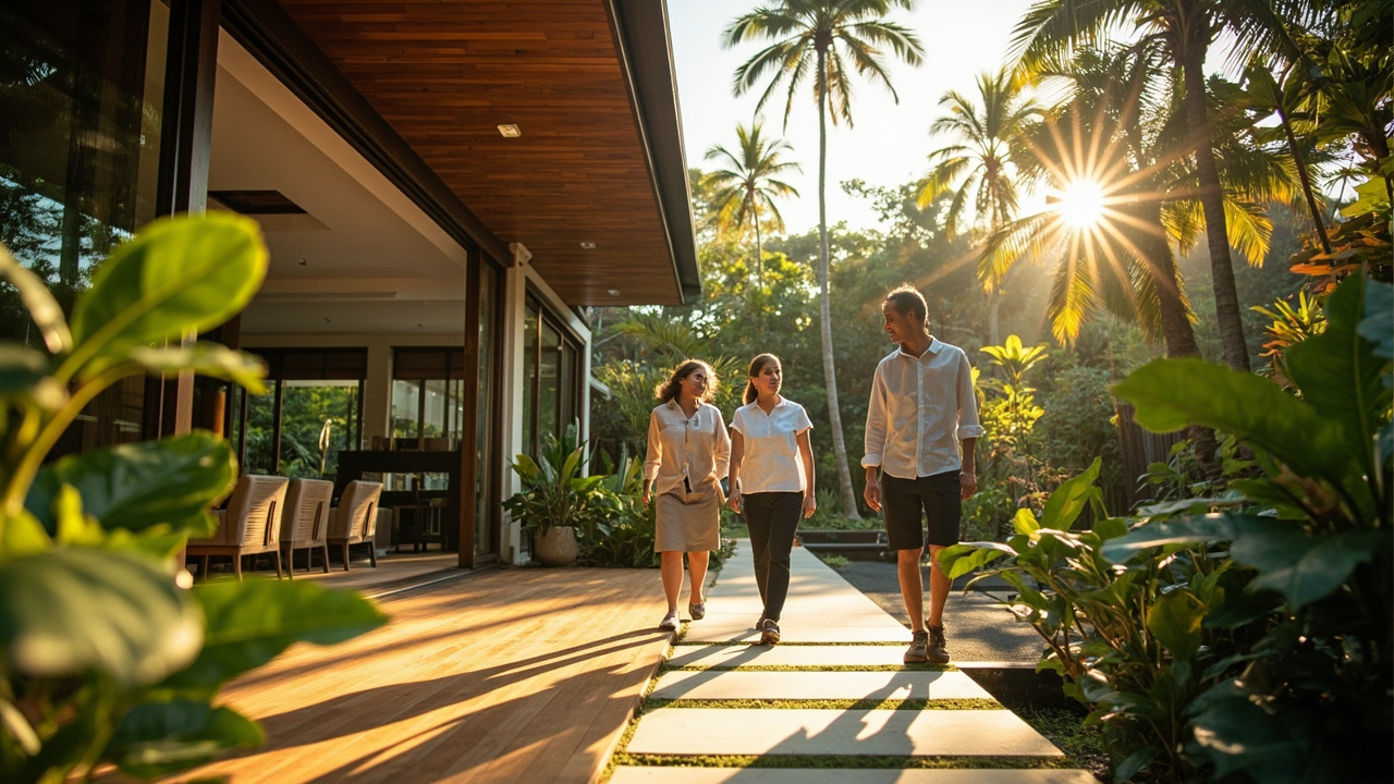 Generated editorial image for Property Viewing Day: a professional but friendly Khao Lak property viewing with buyers exploring a tropical villa and garden. This is contextual imagery, not a photograph of a specific listing or ThaiLife property.