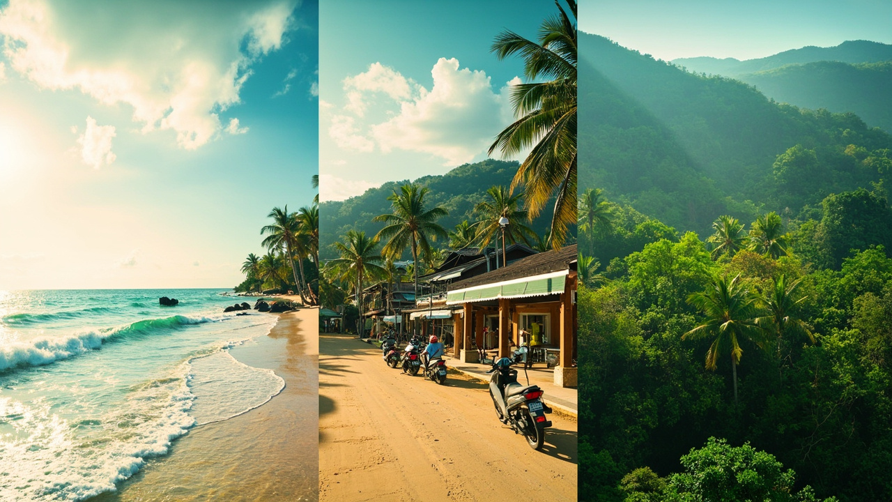 Generated editorial image for Khao Lak Area Comparisons: a clean editorial split-scene comparing beachside, town and green inland lifestyles without text or map labels. This is contextual imagery, not a photograph of a specific listing or ThaiLife property.