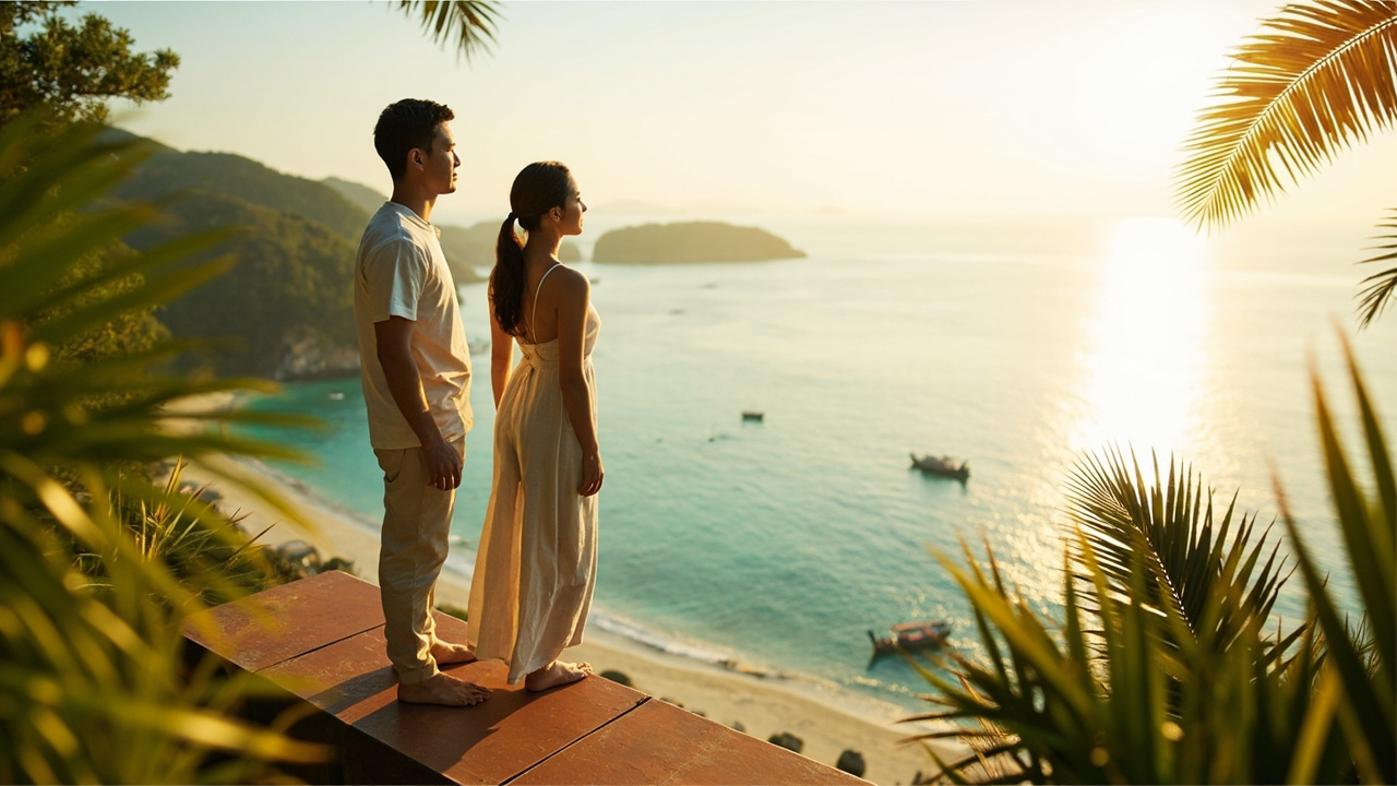 Generated editorial image for Andaman Coast Property Discovery: an aspirational property-search scene with buyers overlooking the Khao Lak coast and considering different local lifestyles. This is contextual imagery, not a photograph of a specific listing or ThaiLife property.