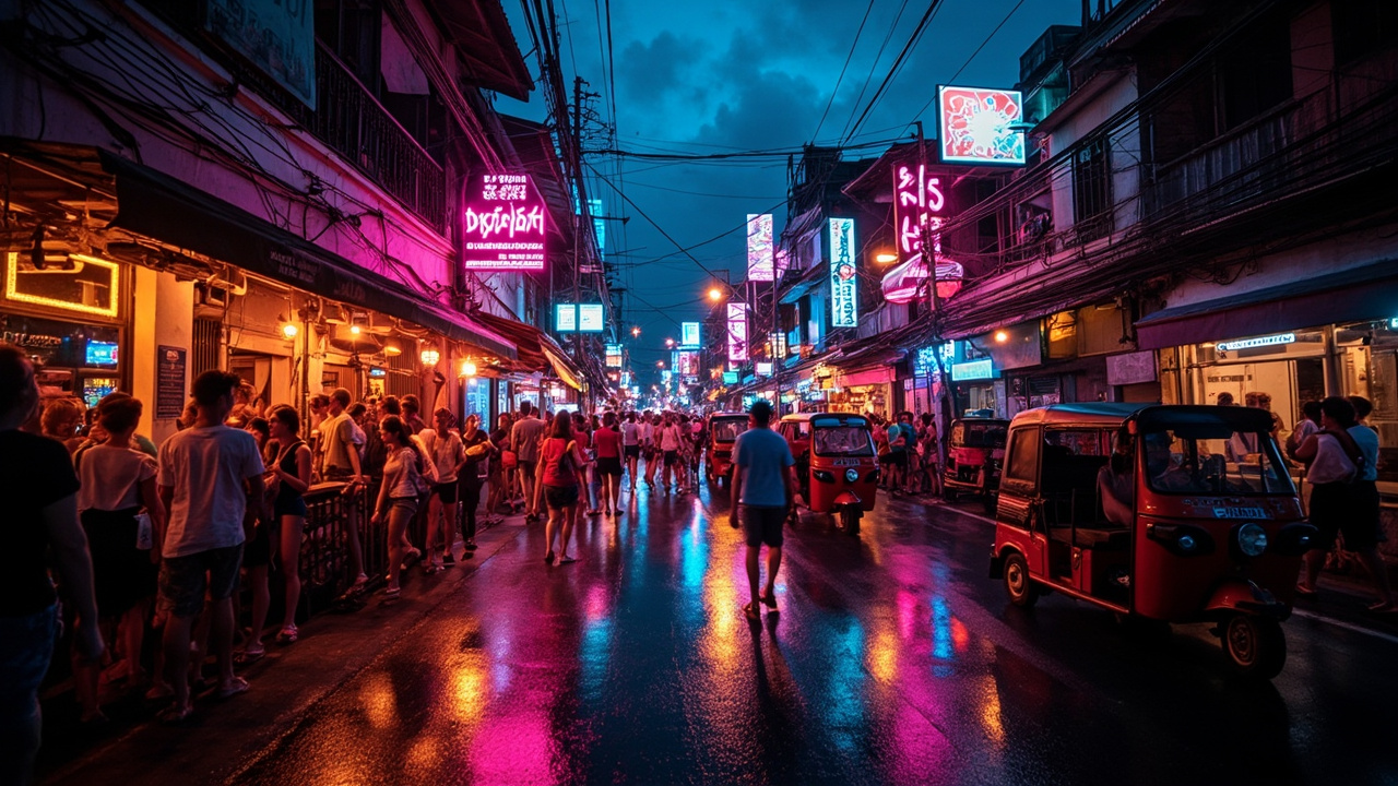Generated editorial image for Bangla Road, supporting Phuket property research, area comparisons and practical buyer guidance. This is contextual imagery, not a photograph of a specific property or live listing.