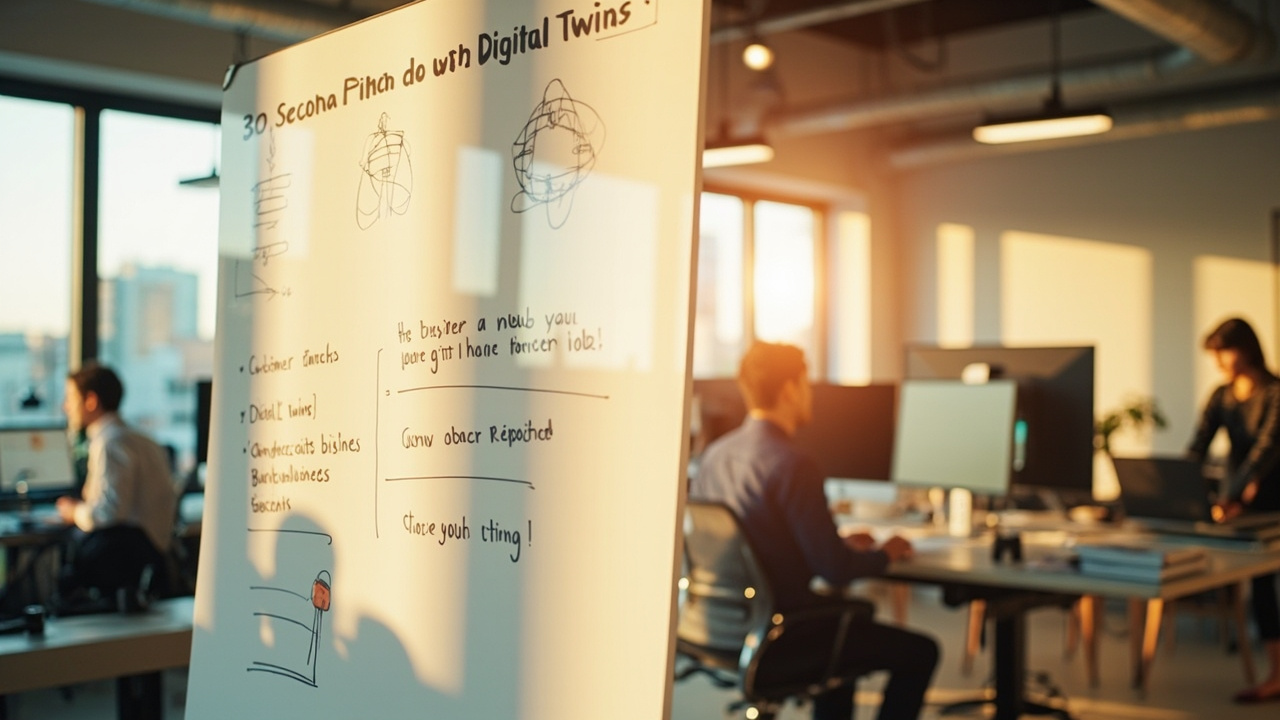 A whiteboard scene shows How to explain Digital Twins in 30 seconds — quick pitch notes, simple explanation, customer-friendly language, AI visibility made easy.