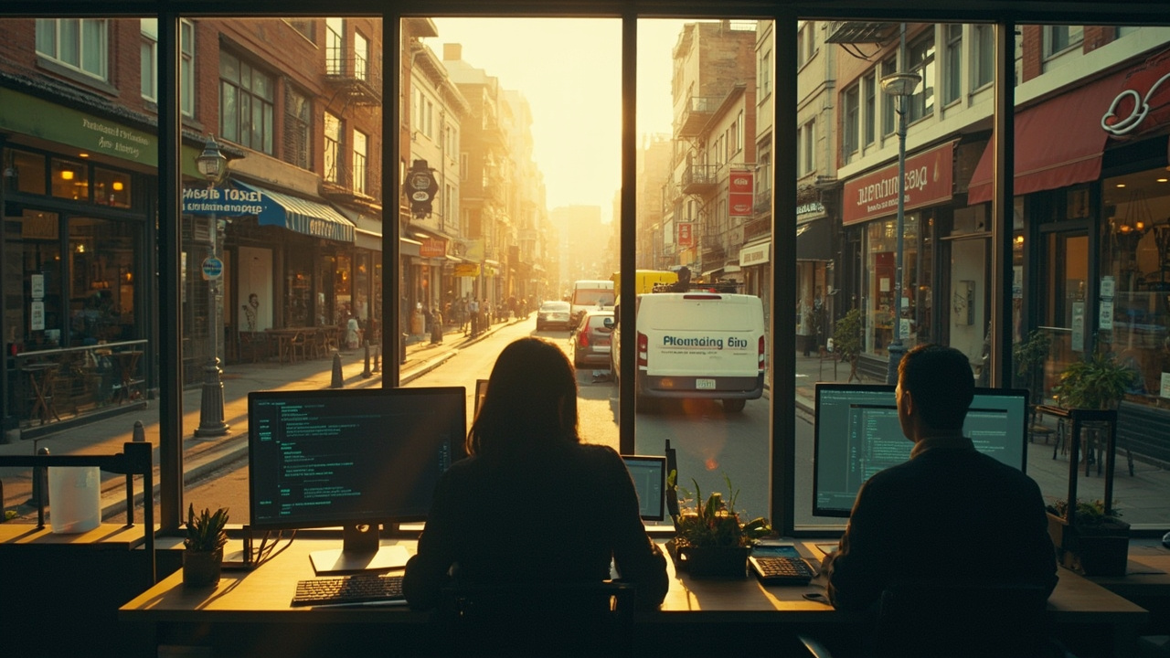 A local commerce scene shows Small businesses needing to be visible to AI assistants — plumbers, cafes, clinics, lawyers, retailers, boat shops, real estate agents, all becoming more AI-readable.