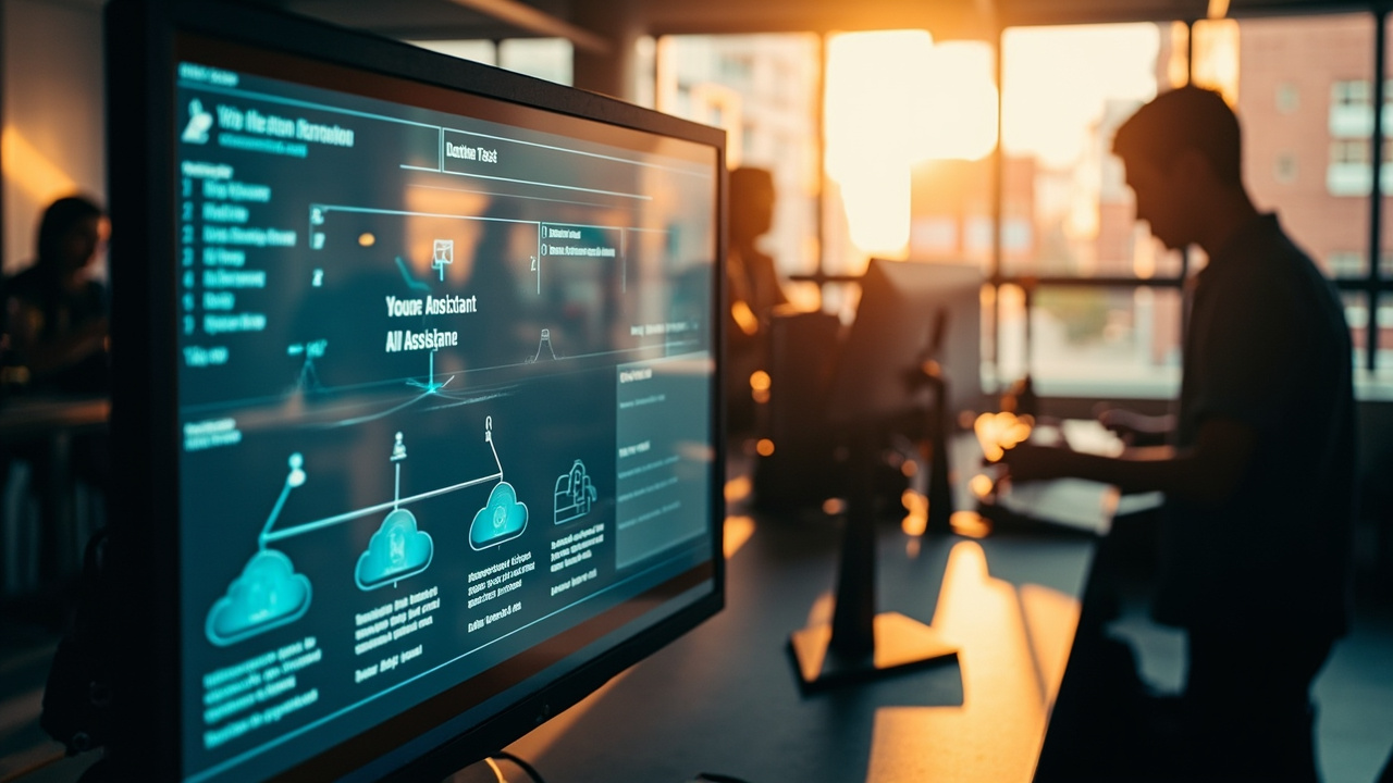 A system scene shows Assistant connected to knowledge base, Bunny public brain, vector fallback, and general AI — layered answer system, clean workflow, reliable AI assistant logic.