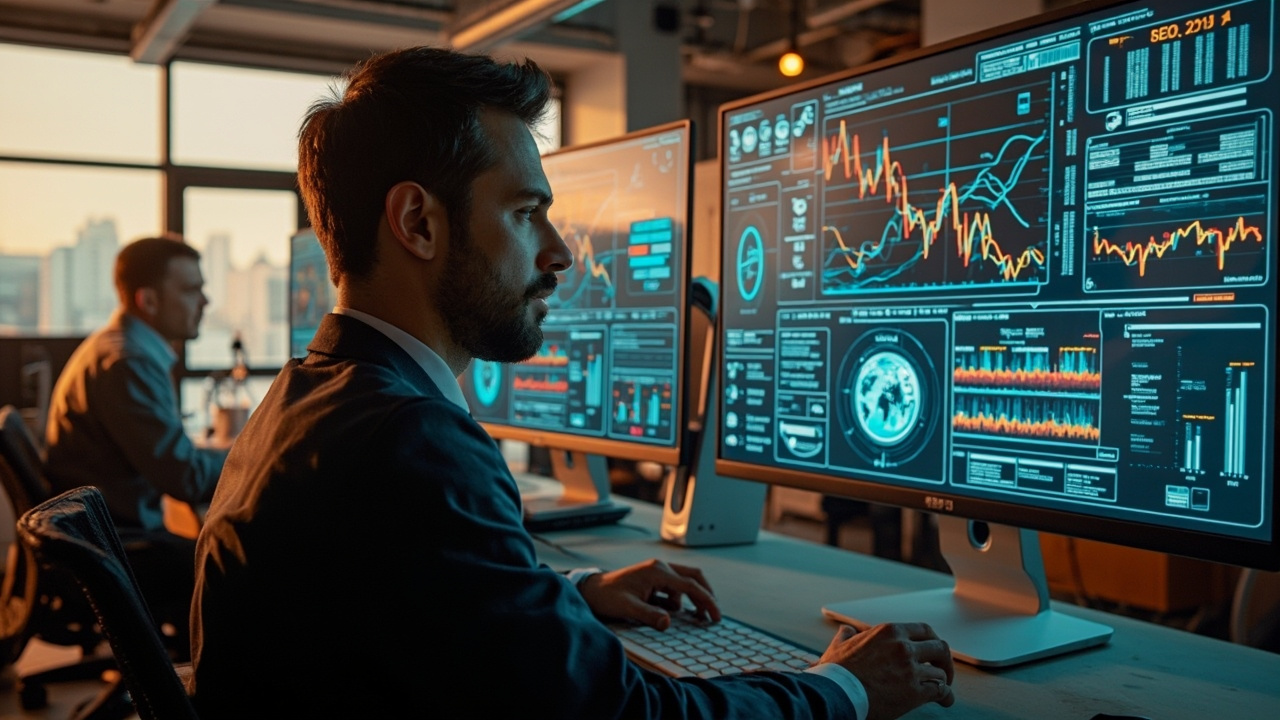 A category scene revisits AI Visibility For SEO Consultants — optimisation dashboards, search trends, AI layer, structured signals.