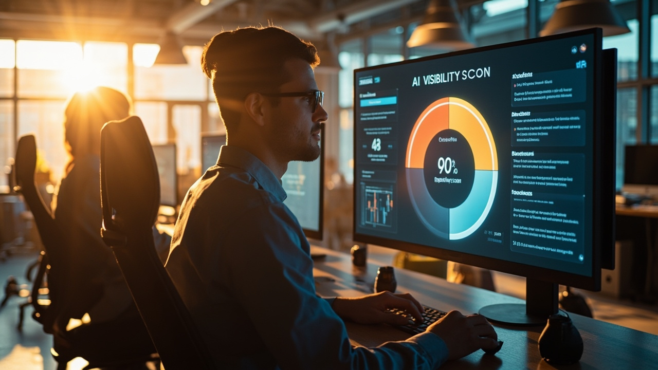 A category scene revisits AI Visibility Scan — glowing visibility score, business diagnosis, recommendation panel.