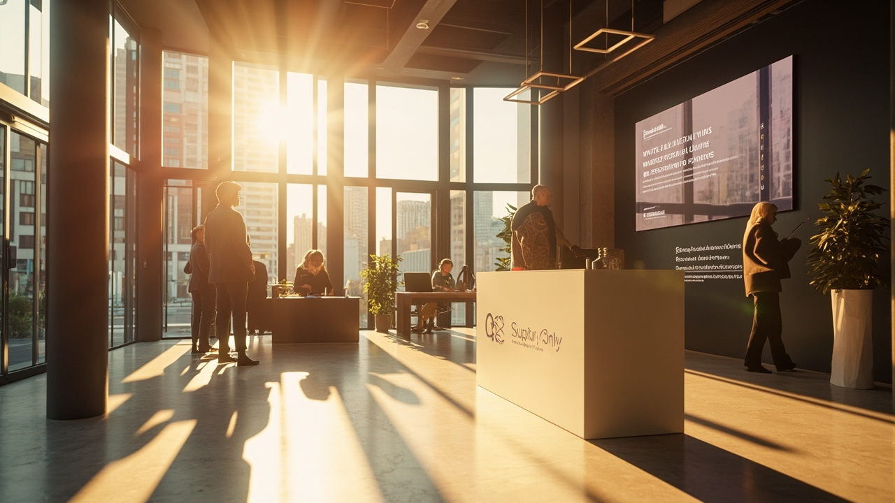 Now add homepage filler scenes. A clean office reception shows Supply Only branding with Own The Conversation as fulfilment partner. A large screen in the background says White-label AI Digital Twins, referral partners and reseller pathways.