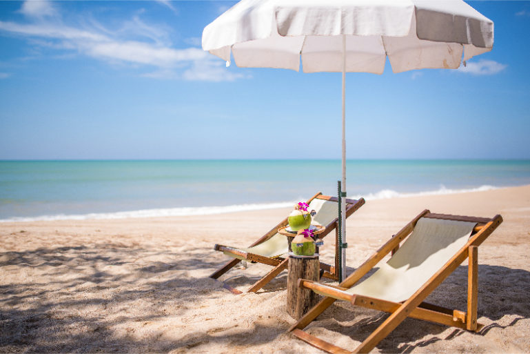 Beachfront Lounge Chairs Coconut Drinks Umbrella