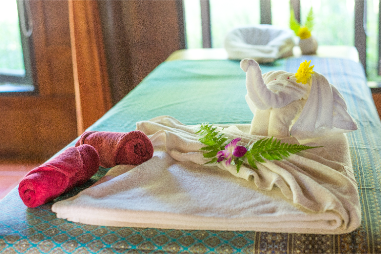 Spa Massage Table Towel Elephant Flower - ThaiLife Meditation & Wellness Resort