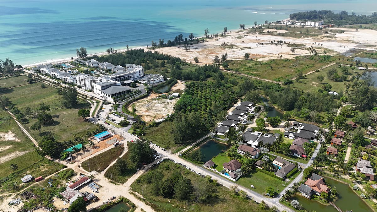 Official ThaiLife Residences project image showing aerial beachfront residential real estate for the Bang Muang, Takua Pa development. Confirm whether the image is completed-property photography, a show unit or a design visualisation before using it as construction-status evidence.