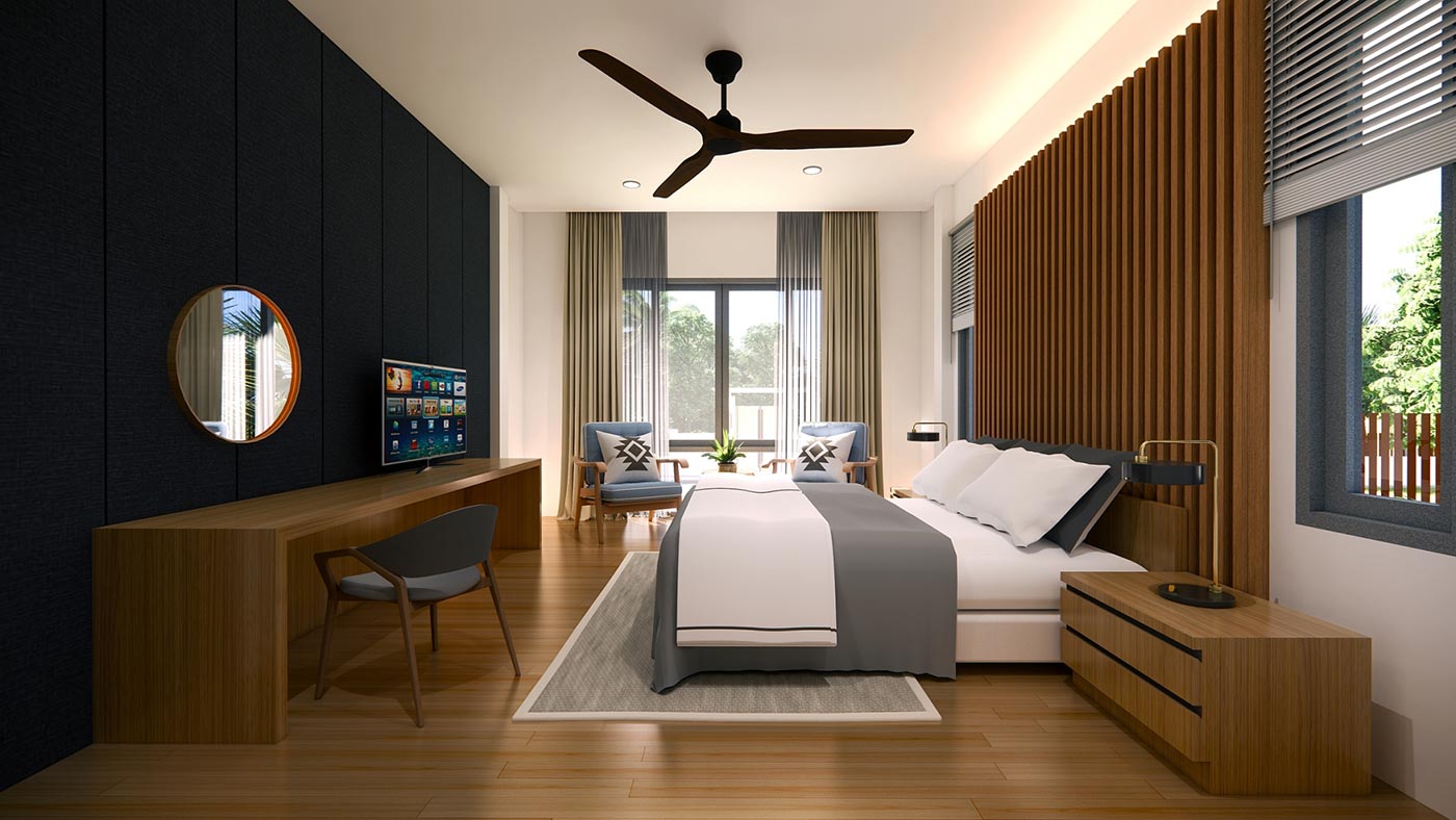Official ThaiLife Residences project image showing modern bedroom interior with large windows for the Bang Muang, Takua Pa development. Confirm whether the image is completed-property photography, a show unit or a design visualisation before using it as construction-status evidence.