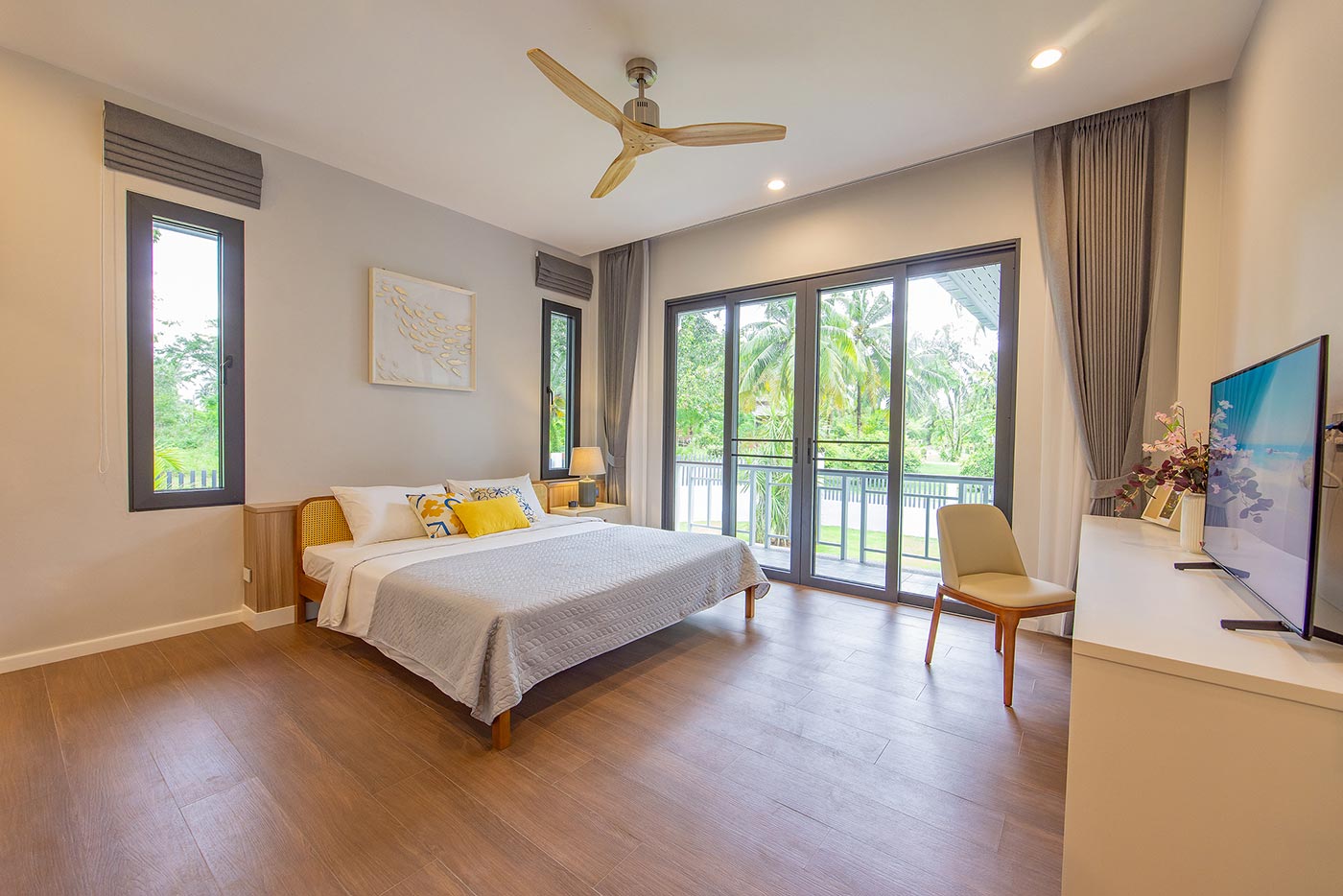 Official ThaiLife Residences project image showing modern bedroom with balcony view thailife residences for the Bang Muang, Takua Pa development. Confirm whether the image is completed-property photography, a show unit or a design visualisation before using it as construction-status evidence.