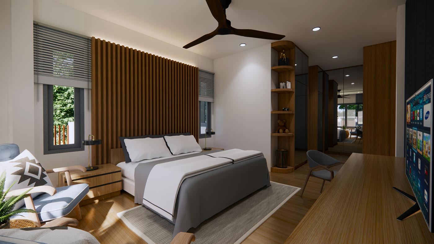 Official ThaiLife Residences project image showing modern bedroom with wooden accents for the Bang Muang, Takua Pa development. Confirm whether the image is completed-property photography, a show unit or a design visualisation before using it as construction-status evidence.