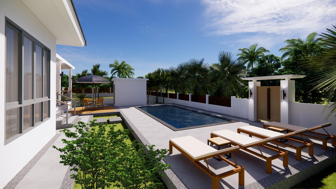 Official ThaiLife Residences project image showing modern home backyard pool lounge area for the Bang Muang, Takua Pa development. Confirm whether the image is completed-property photography, a show unit or a design visualisation before using it as construction-status evidence.