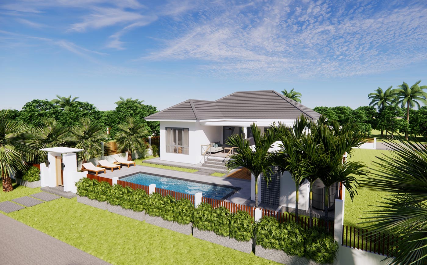 Official ThaiLife Residences project image showing modern home with private pool and garden for the Bang Muang, Takua Pa development. Confirm whether the image is completed-property photography, a show unit or a design visualisation before using it as construction-status evidence.