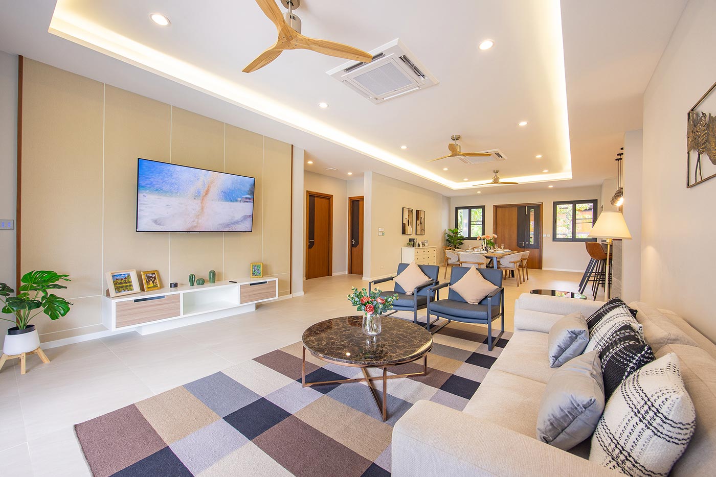 Official ThaiLife Residences project image showing modern living room cozy apartment interior for the Bang Muang, Takua Pa development. Confirm whether the image is completed-property photography, a show unit or a design visualisation before using it as construction-status evidence.