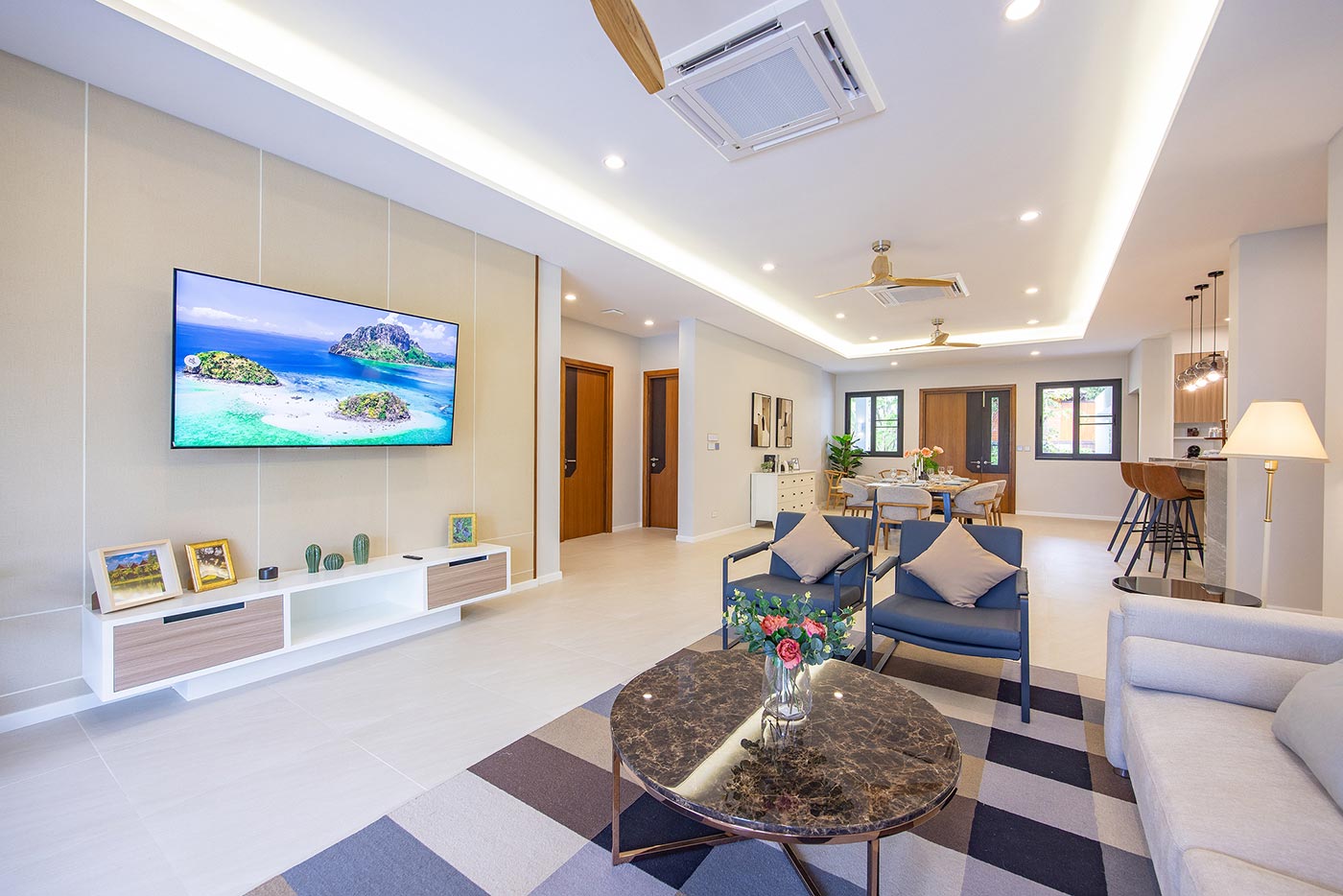 Official ThaiLife Residences project image showing modern living room open plan home for the Bang Muang, Takua Pa development. Confirm whether the image is completed-property photography, a show unit or a design visualisation before using it as construction-status evidence.