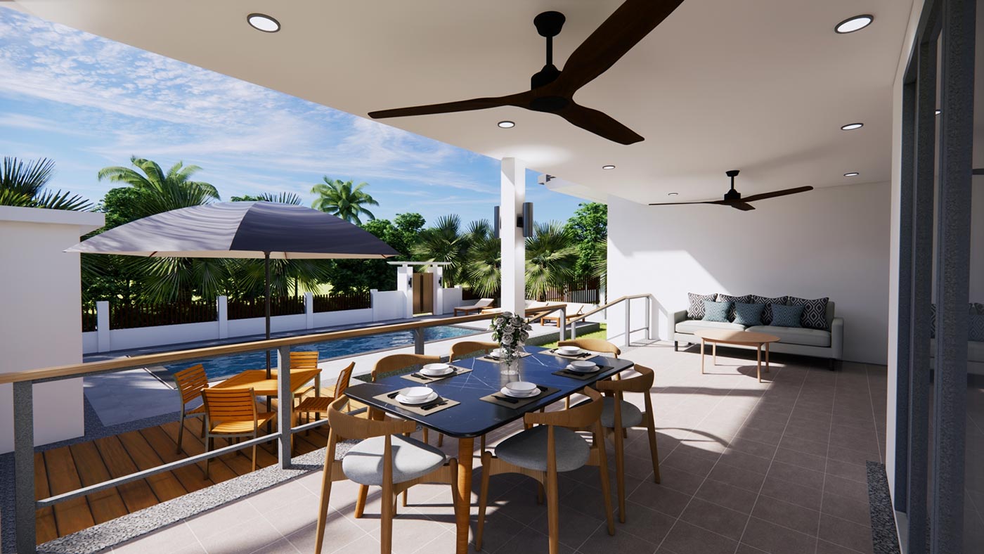 Official ThaiLife Residences project image showing modern patio dining area with pool for the Bang Muang, Takua Pa development. Confirm whether the image is completed-property photography, a show unit or a design visualisation before using it as construction-status evidence.
