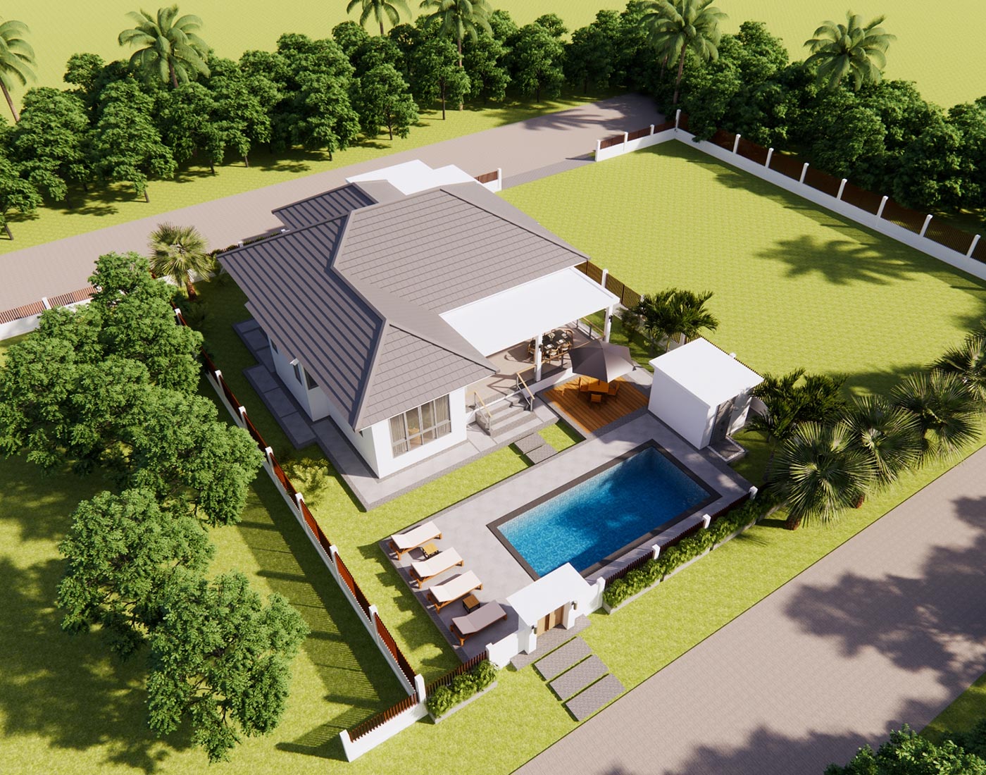 Official ThaiLife Residences project image showing modern single family home with pool for the Bang Muang, Takua Pa development. Confirm whether the image is completed-property photography, a show unit or a design visualisation before using it as construction-status evidence.