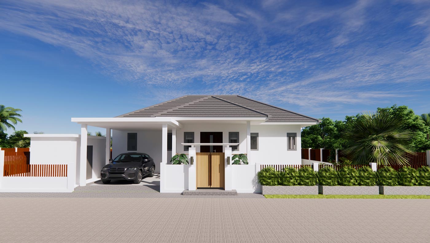 Official ThaiLife Residences project image showing modern single story home exterior for the Bang Muang, Takua Pa development. Confirm whether the image is completed-property photography, a show unit or a design visualisation before using it as construction-status evidence.