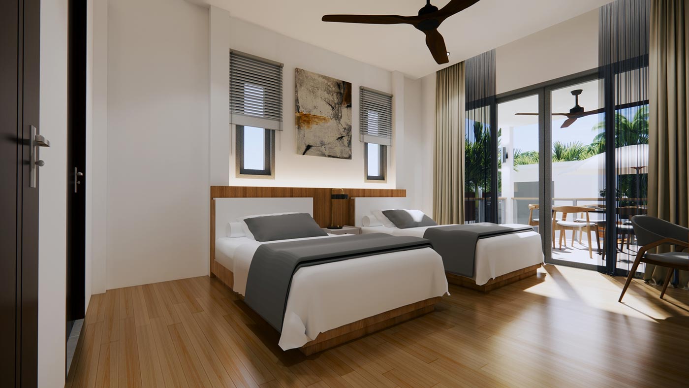 Official ThaiLife Residences project image showing modern twin bedroom with balcony view for the Bang Muang, Takua Pa development. Confirm whether the image is completed-property photography, a show unit or a design visualisation before using it as construction-status evidence.