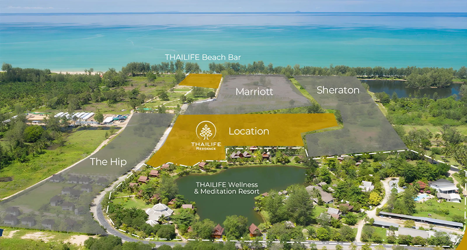 Official ThaiLife Residences project image showing real estate property location overview beach for the Bang Muang, Takua Pa development. Confirm whether the image is completed-property photography, a show unit or a design visualisation before using it as construction-status evidence.